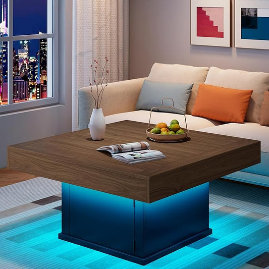 LED Coffee Tables for Living Room, Farmhouse Wood Coffee Table, 33.5" Square Coffee Table with Storage, Large Vintage Brown Center Table, Living Room Tables Cocktail Table (Vintage Brown)