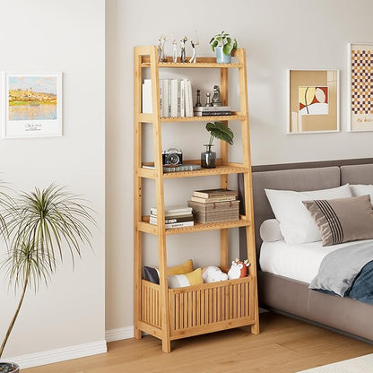 Bamjoy Bamboo Ladder Shelf, Bookshelf with 4 Display Shelves and 1 Open Storage Basket, Multifunctional Storage Rack Organizer for Home Office, Bedroom, Living Room, 66” H Natural