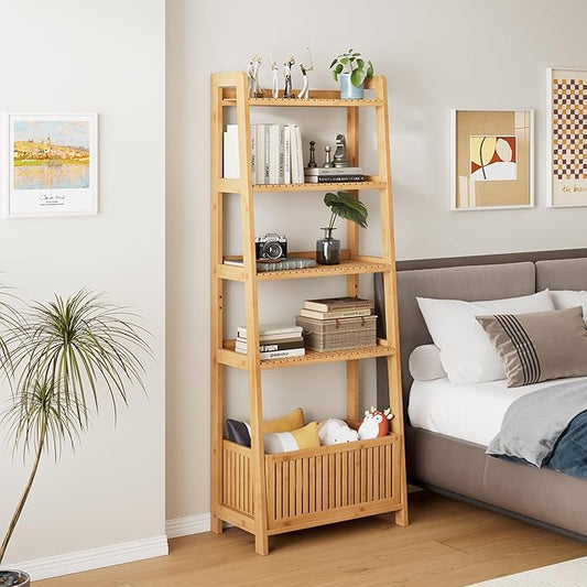 Bamjoy Bamboo Ladder Shelf, Bookshelf with 4 Display Shelves and 1 Open Storage Basket, Multifunctional Storage Rack Organizer for Home Office, Bedroom, Living Room, 66” H Natural