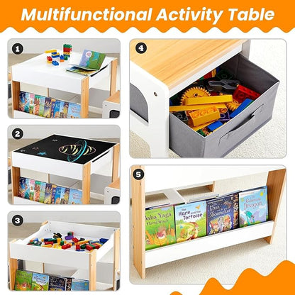 Asweets Kids Table and Chair Set,4 in 1 Toddler Desk with Storage Drawer,Wooden Activity Table for 2 in 1 Detachable Tabletop,Bookshelf,Suitable for Classroom,Home,Nursery,Playroom (Pure White)