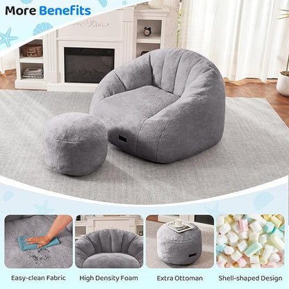 HABUTWAY Bean Bag Chair, Giant Bean Bag Chairs for Adults with Ottoman, Comfy Faux Fur Shell-Shaped Bean Bag Couch, Sofa Chair for Living Room, Bedroom, Grey