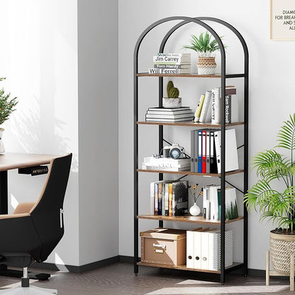 Homhedy 5-Tier Bookshelf Arched Display Racks, Wood and Metal Bookcase, Tall Bookshelf, Industrial Display Standing Shelf Unit, for Home Office, Living Room, Bedroom, Bathroom, Rustic Brown