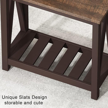ChooChoo Farmhouse End Table, Rustic Vintage Narrow End Side Table with Storage Shelf for Small Spaces, Nightstand Sofa Table for Living Room, Bedroom Espresso 2 Pack