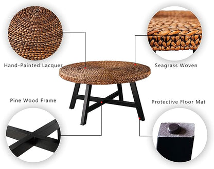 RANDEFURN Round Coffee Table, Seagrass Coffee Solid Pine Wood X Base Frame Cocktail Table, Easy Assembled, Multiple Sizes for Living Room, 32 x 17 Inches,Gold