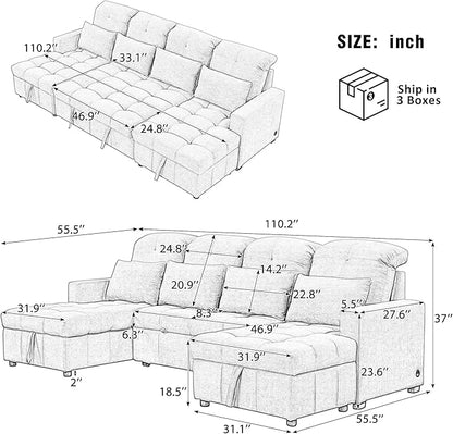 Ball & Cast 110.2" Oversized Versatile Sectional Sleep Sofa with Two USB Ports,U-Shape 4 Seat Pull-Out Couch w/Double Storage Chaise Lounges,for Living Room,Apartment,Office,Gray