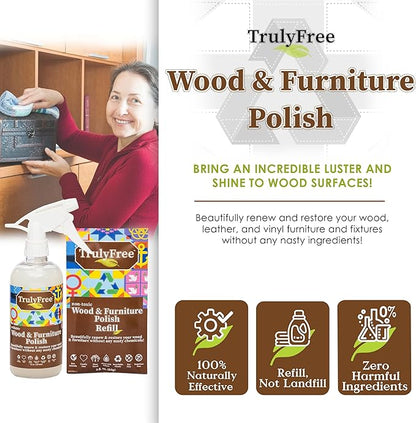 Natural Wood Cleaner & Furniture Polish - Leather Cleaner, Vinyl, Furniture & Wood Polish, Helps Remove Water Stain, Unscented - Includes: 1 Refillable Empty 12oz Bottle & 1 Refill(3 fl oz)