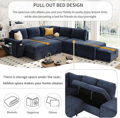 Merax L-Shaped Modular Sectional Sofa with Removable Storage Ottoman, USB Ports and Cup Holder, 6-Seats Upholstered Couch & Armrest, Free Combination Indoor Furniture for Living Room, Apartments, Blue