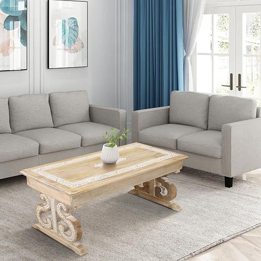 Lightnpro Mango Wood Rectangular Coffee Table - Living Room Center Table, Rustic Vintage Charm, Eco-Friendly Furniture, Reclaimed Wood - 40x18 Inch White Wash Finish