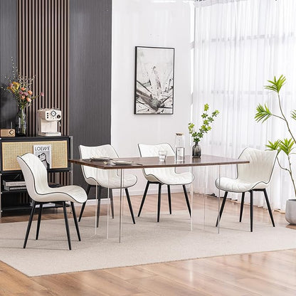 YOUNIKE Dining Chairs Set of 2, Upholstered Faux Leather Dining Room Chairs with Wide Curved Back and Adjustable Metal Legs, White