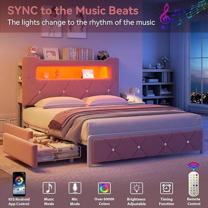 Queen Upholstered LED Bed Frame with 2 Storage Drawers and 2-Tier Storage Headboard,Velvet Princess Platform Bed with Charging Station & Bookcase, Corner Bed Frame, Heavy Duty Metal Support, Pink