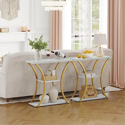 Hoctieon 3 Tier Console Table with Open Wood Shelves, Decorative Entryway Table with Curved Metal Frames, Narrow Sofa Table for Entrance, Living Room, Hallway, Gold and White Marbled