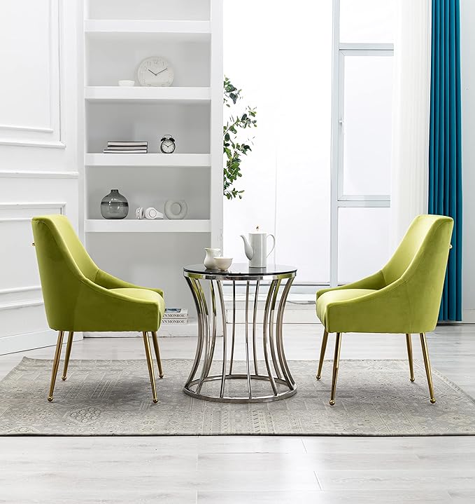 Velvet Dining Chairs Set of 2, Furniture Collection Modern Contemporary Upholstered with Polished Gold Metal Legs(Yellow Green)