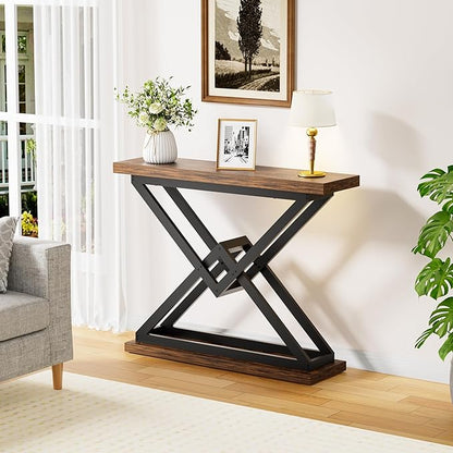 JUSTOGO 39.4" Console Table, Industrial Entryway Table Triangle Design for Living Room, Narrow Wood Sofa Tables for Hallway, Entrance, Foyer, Modern Accent Furniture Home Decor, Rustic Brown