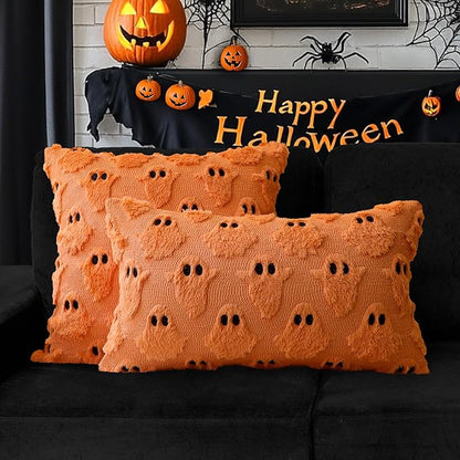 4TH Emotion Halloween Ghost Decorative Pillow Covers 20x20 Set of 2, Orange Soft Plush Faux Fur Farmhouse Throw Cushion Cases for Fall Autumn Holiday Home Decorations