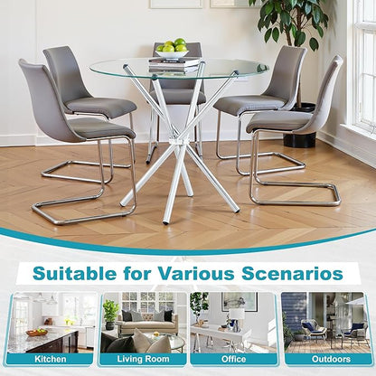 Kitchen Table for 2 Modern 36.6" Round Glass Table Small Tables with Trestle Metal Leg for Living Room and Apartment, Silver
