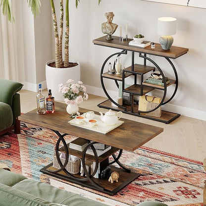 GiftGo Narrow Console Table for Entryway Industrial 4-Tier Sofa Table Behind Couch with Circle Base Rustic Wooden Accent Tables with Storage Shelves for Living Room, Hallway, Foyer (Brown)