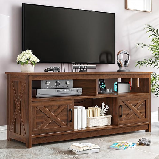 YITAHOME TV Stand for 65/55 Inch TV, Farmhouse Entertainment Center with Storage, Power Outlets and Open Shelf, Media Console TV Cabinet for Living Room, Walnut
