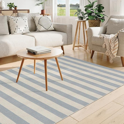 OJIA Striped Outdoor Area Rug 5'x7' Outdoor Rug, Washable Patio Rug Farmhouse Cotton Woven Bedroom Rugs Indoor Outdoor Rugs Living Room Carpet for Dining Room Deck Backyard Camping (Blue/White/Tan)