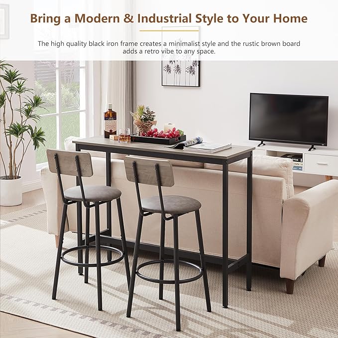 Tatub Bar Table with Stools Set of 2, Industrial 3 Piece Counter Height Small Dining Sofa Table and Chairs Set of 2, Gray