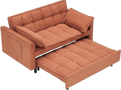 Ball & Cast Convertible Sofa Bed,Loveseat Sleeper Sofa W/Pull-Out Bed,Convertible Pull Out Couch W/2 Pillows,Adjustable Backrest&Side Pocket,Corduroy Futon Couches for Living Room,Apartment,Orange,54"