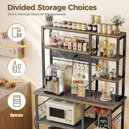 SUPERJARE Large Bakers Rack with Power Outlets, 6-Tier Microwave Stand, Coffee Bar with 12 S-Shaped Hooks, Kitchen Shelf with Wire Basket, 39.3 x 15.5 x 66.9 Inches, Charcoal Gray