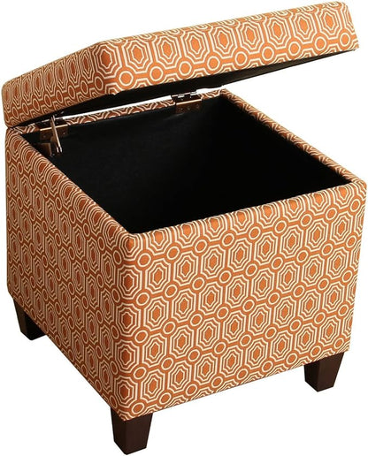 HomePop Upholstered Storage Cube Ottoman with Hinged Lid, Orange Geometric 17" x 17" x 18"