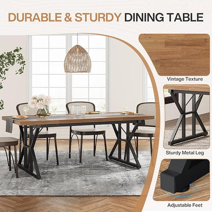 Tribesigns Farmhouse Dining Table for 6 People, 70.8-Inch Rectangular Wood Dining Table, Rustic Kitchen Table with Heavy Duty Metal Legs for Dining Room (Light Brown, 70.8 Inch)