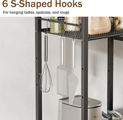 Kitchen Baker’s Rack, Microwave Stand with 2 Mesh Basket, Coffee Bar, 6 S-Shaped Hook, for Kitchen Storage Shelf, Living Room, Rustic Brown and Black