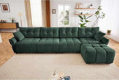 Modern Chenille Fabric 4-Seat Sofa w/Ottoman+2 Pillows, Premium Upholstery Living Room Couch with Tufted Backrest & Comfortable Armrests and High-Resilience Memory Foam Cushions,Green