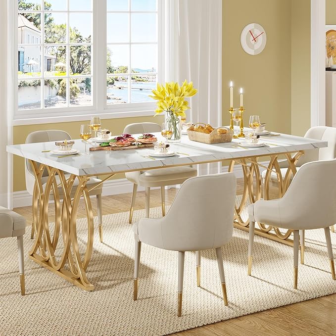 Tribesigns Modern Dining Table, 63" Large Kitchen Table for 4-6 People, Unique Rectangular Dinner Table Kitchen & Dining Room Furniture with Faux Marble Tabletop and Geometric Legs