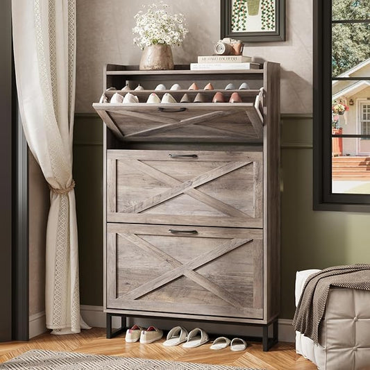 Maupvit Shoe Storage Cabinet with 3 Flip Drawers, Freestanding Organizer with Metal Legs for Entryway, Narrow Shoe Rack Cabinet, Washed Gray