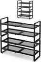 Shoe Rack - Expandable Shoe Organizer for Closet, Adjustable Metal Shoe Shelf Storage, 4 Tier Stackable Long Shoe Stand Holder for Garage, Entryway, Door Entrance, Black