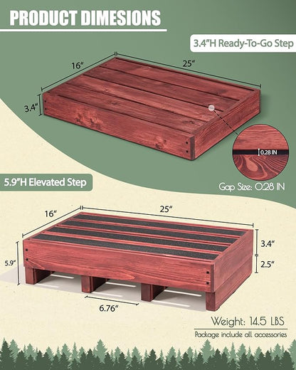 3.4"/5.9" Heightable Wooden Outdoor Step, 100% Handmade Step Stools for Adults with 4 Additional Legs & Anti-Slip Traction Tape, One Step Stool for Elderly, Adults, Kids (25" L x 16" W)
