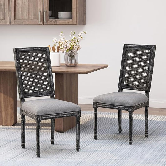 Merax Upholstered Solid Wood Dining Chairs Set of 2, French Country Style Accent Side Seating Furniture for Kitchen, Living Room, Wicker Back, Grey