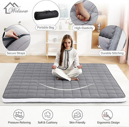 Welnow Japanese Futon Floor Mattress, Queen Size Thick Tatami Mat Portable & Foldable Roll Up Floor Bed Mattress with Storage Bag, Sleeping Pad for Adults, Dorm, Guest Bed, Camping and Travel, Grey
