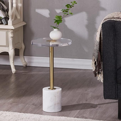 LIKENOW Furniture Acrylic Side Table,Clear Small Round End Table for Living Room,Bedroom,Office | Modern Nightstand with Marble Base,Gold Post,Clear Top for Drink,Food,Snack,Assembly(White)