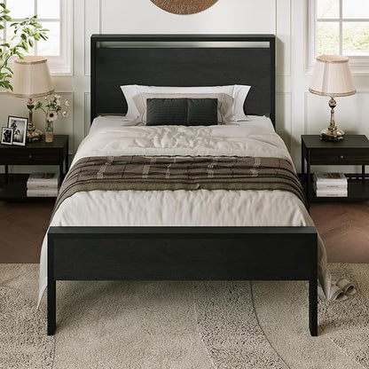 Allewie Twin Size Platform Bed Frame with Wooden Headboard and Footboard, Heavy Duty Metal Slats Support, No Box Spring Needed, Under-Bed Storage, Noise Free, Easy Assembly, Black Oak