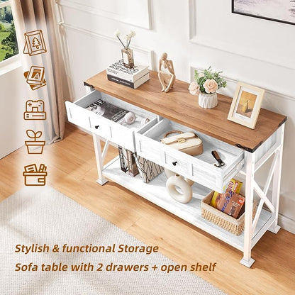 HOMBAZAAR Entryway Table,Rustic Console Table with 2 Drawers, Industrial Console Tables with Storage for Entryway, Hallway, Living Room,White,47 Inch