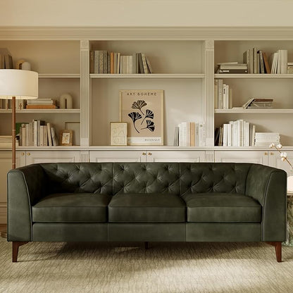 POLY & BARK Essex Leather Couch - 89-Inch Sofa with Tufted Back - Full-Grain Leather Sofa for Living Room with Feather-Down Topper - Living Room Couch - Vintage Italian Leather in Olivine Green