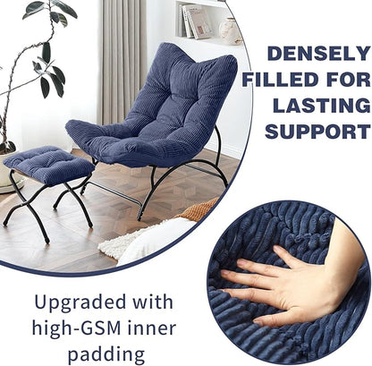 Welnow Accent Chair with Ottoman, Lounge Comfy Soft Leisure Metal Frame Reading Chair with Footrest, Upholstered Thick Cushion Seated Recliner Sofa for Living Room, Bedroom, Dorm, Navy
