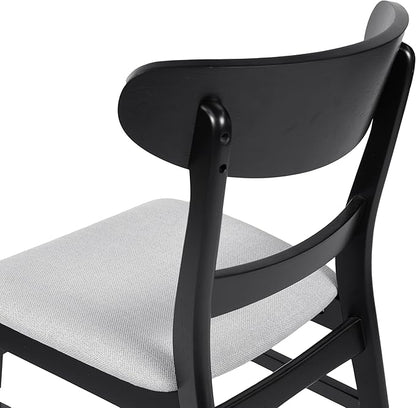 Set of 2 Solid Wood Dining Chairs, Fabric Upholstered Seat Mid-Century Modern Kitchen Furniture for Living Room, Light Gray+Black