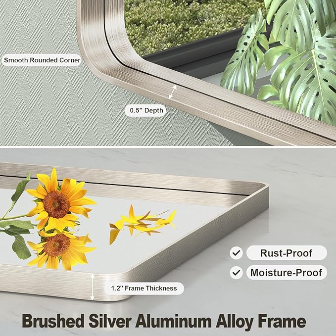 40x32 Inch Brushed Nickel Bathroom Mirror, Brushed Silver Metal Framed Wall Mirror, Rounded Corner Rectangle Modern Vanity Mirror, Tempered Glass, Anti-Rust, Shatterproof (Horizontal/Vertical)