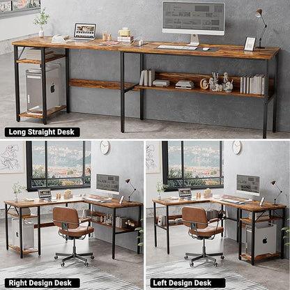 Unikito L Shaped Computer Desk with Magic Power Outlets and USB Charging Ports, Sturdy Reversible Corner Desk with Storage Shelves, Modern Work Desk for Home Office, Easy to Assemble, Rustic Brown