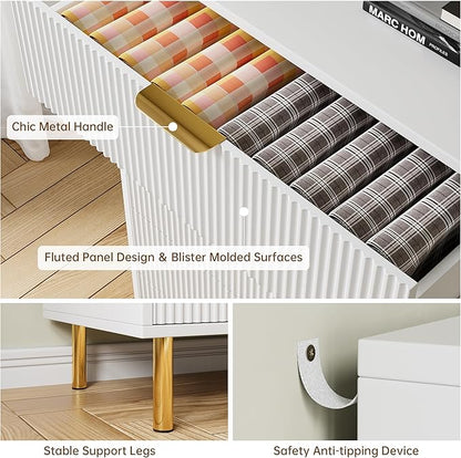 GarveeHome White Dresser, Modern 5 Drawer Dresser for Bedroom with Gold Handle and Large Drawer, Wood Double Chest of Drawers and Storage Organizer for Living Room, Hallway, Entryway