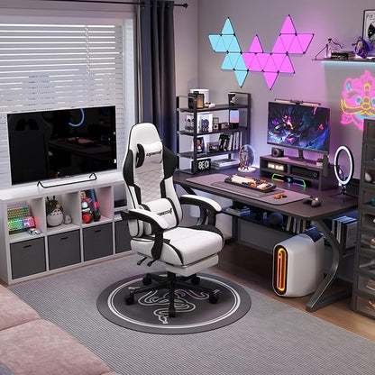 Gaming Chair, Computer Chairs for Adults with Lumbar Support and Massager, Comfortable Gamer Chair with Footrest & Pocket Spring Cushion, Ergonomic Home Office Chair, White, Fabric