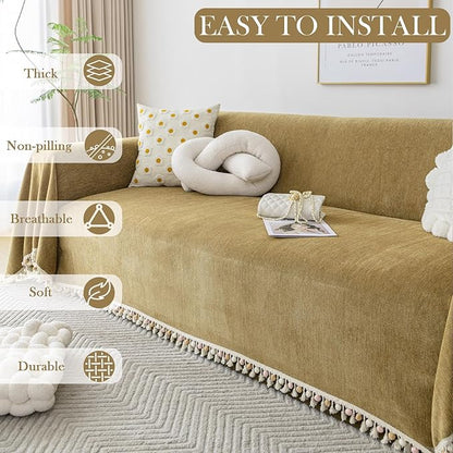 HANDONTIME Couch Covers for Pets Boho Mustard Yellow Love Seat Couch Covers Brown Sofa Cover for Dogs Pet Couch Protector Chenille Tassel Sofa Slipcovers Sofa Throw Cover Boho Decor, 91" X150"