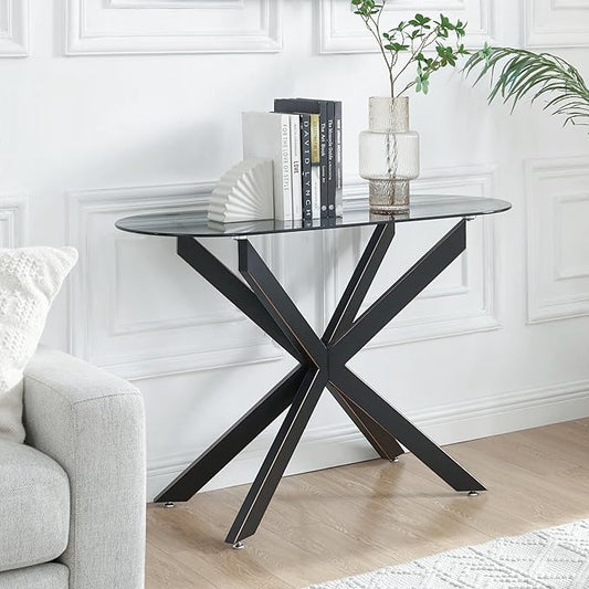 Modern Glass Oval Console Table, Entryway Hallway Narrow Sofa Table, Entrance for Entryway, Living Room, Foyer, Hallway, Office， 45" Lx18 Wx30 H Black