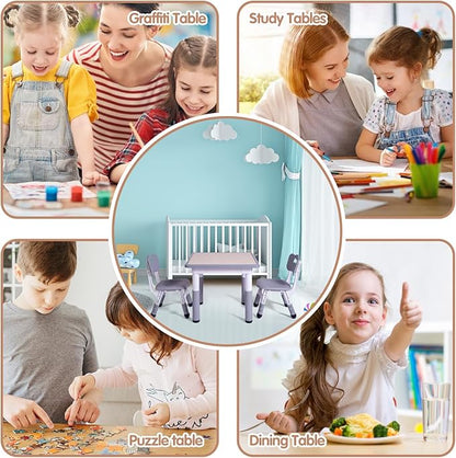 Kids Table and 2 Chairs Set, Height Adjustable Toddler Study Table and Chair Set, Kid Size for Ages 3-8 Children, Graffiti Desktop, Easy to Wipe/Arts & Crafts, Homes/Classrooms/Daycare (Grey)