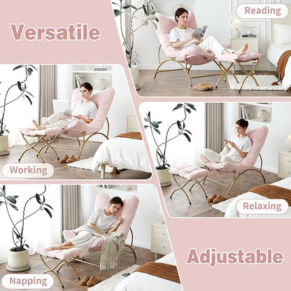 Welnow Accent Chair with Ottoman, Lounge Comfy Soft Leisure Metal Frame Reading Chair with Footrest, Upholstered Thick Cushion Seated Recliner Sofa for Living Room, Bedroom, Dorm, Pink