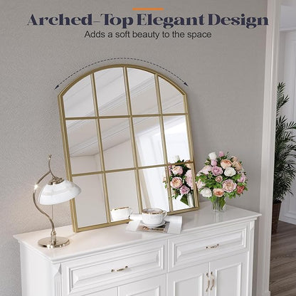Wide Window Pane Mirror, 28" x 32" Gold Arched Mirrors for Wall, Brass Grid Wall Large Decorative Mirror for Living Room Bedroom Farmhouse Fireplace Hallway Entryway